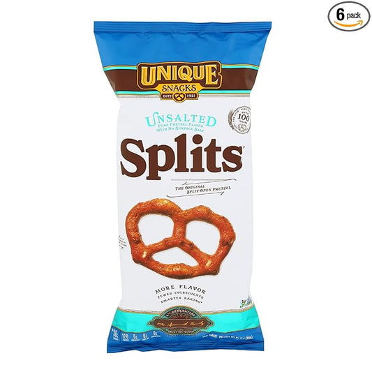 Unique Snacks- Unsalted Splits Pretzels, Homestyle Baked, Certified OU Kosher and non-GMO, 11 oz Bag (6 pack) No artificial flavors 66 Ounce