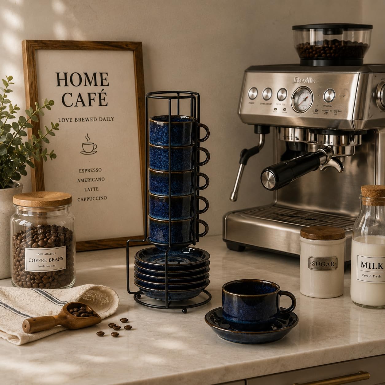 JIEMEI HOME Porcelain Stackable Espresso Cups with Saucers and Metal Stand,4 Ounce Demitasse Cups