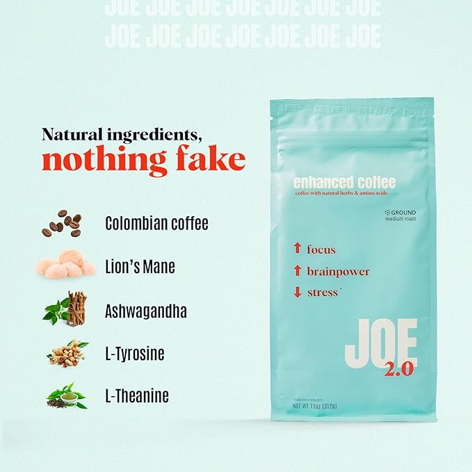 Joe 2.0 - Mushroom Coffee with Lion?™s Mane & Ashwagandha ??Nootropic Ground Coffee for Focus, Calm Energy & Clarity ??Joe 2.0 Medium Roast ??20 Servings (11 oz)