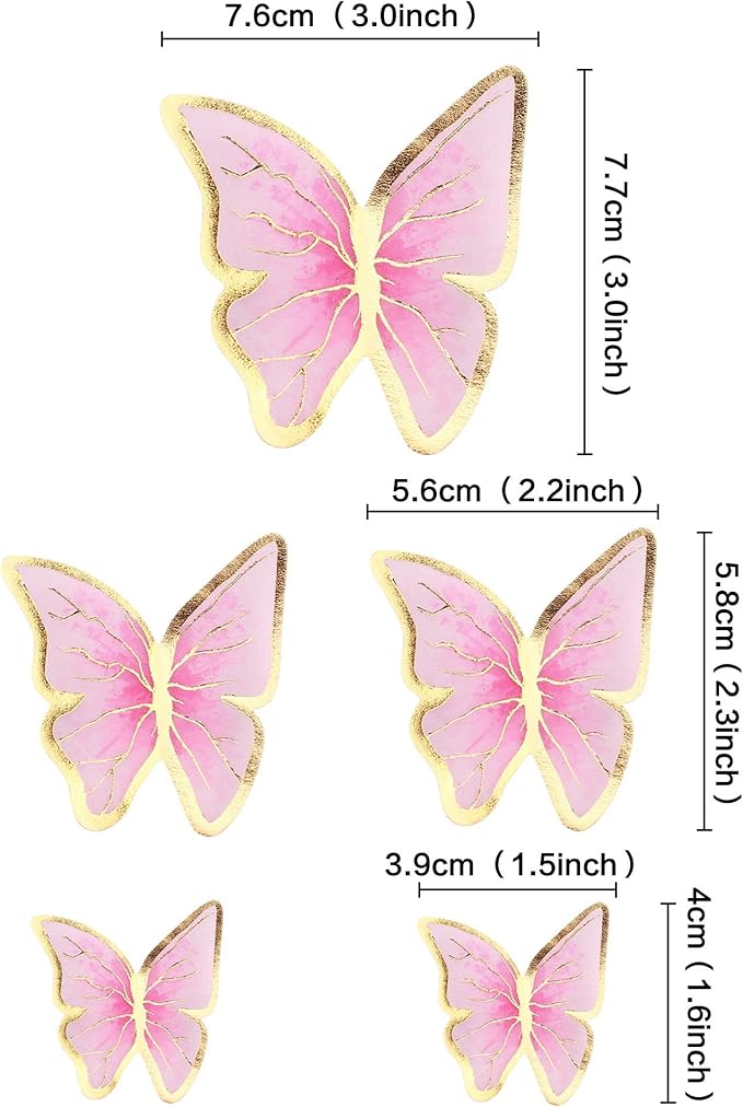 30pcs Red Gold Edge Mixed Size Lively 3D Waterproof Butterfly Cupcake Topper for Girls Women's Happy Birthday Wedding Party Cake Wall Party Food Decorations