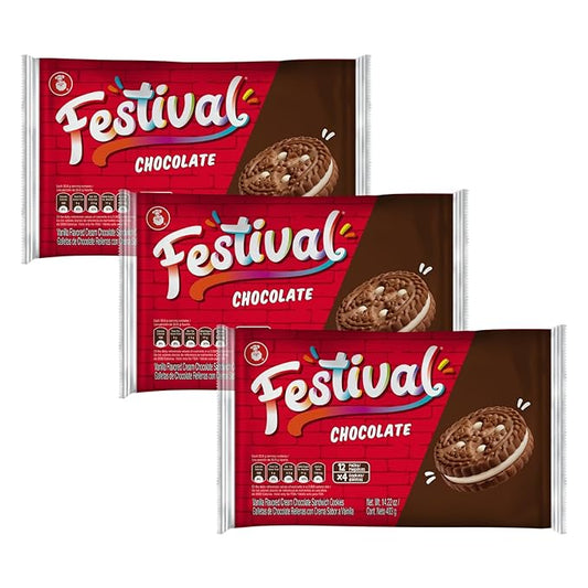 FESTIVAL Chocolate Cookies, Cream Chocolate Sandwich Cookies, Natural Dyes & Low Sodium, High Cream Content, 14.6 Oz (Pack of 3)