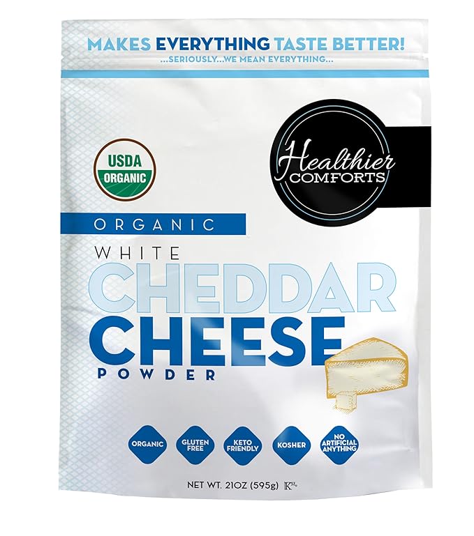 Healthier Comforts Organic White Cheddar Cheese Powder | Gluten Free, Kosher, Keto-Friendly, Non-GMO, Antibiotic & Hormone Free | Perfect for Popcorn Seasoning, Mac and Cheese, Pasta & Sauces (21 oz)