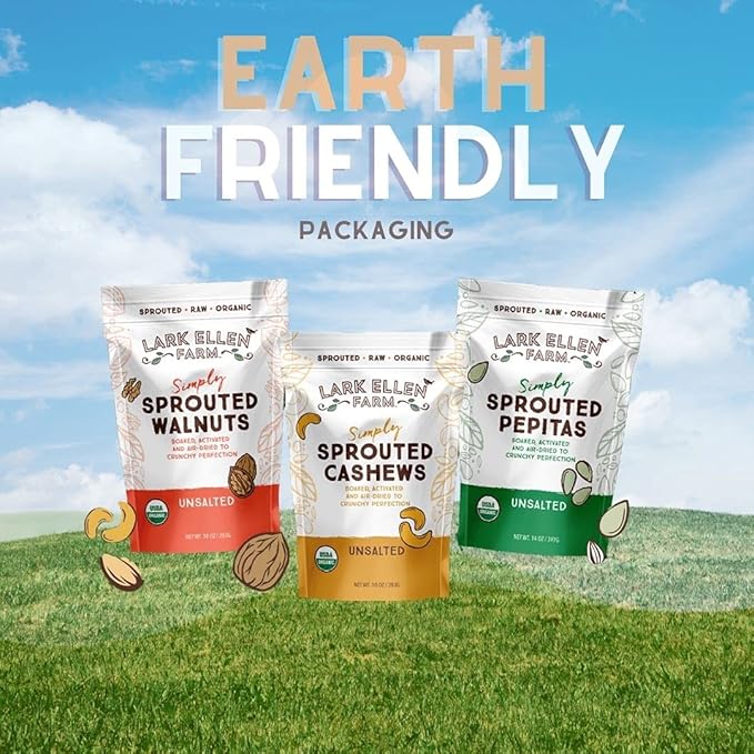 Lark Ellen Farm Unsalted Organic Raw Cashews, Sprouted, Air-Dried, Gluten-Free, Non-GMO, Vegan, Keto, Certified USDA, Peanut-Free Facility, Resealable Bag (10 oz, 3 pack)