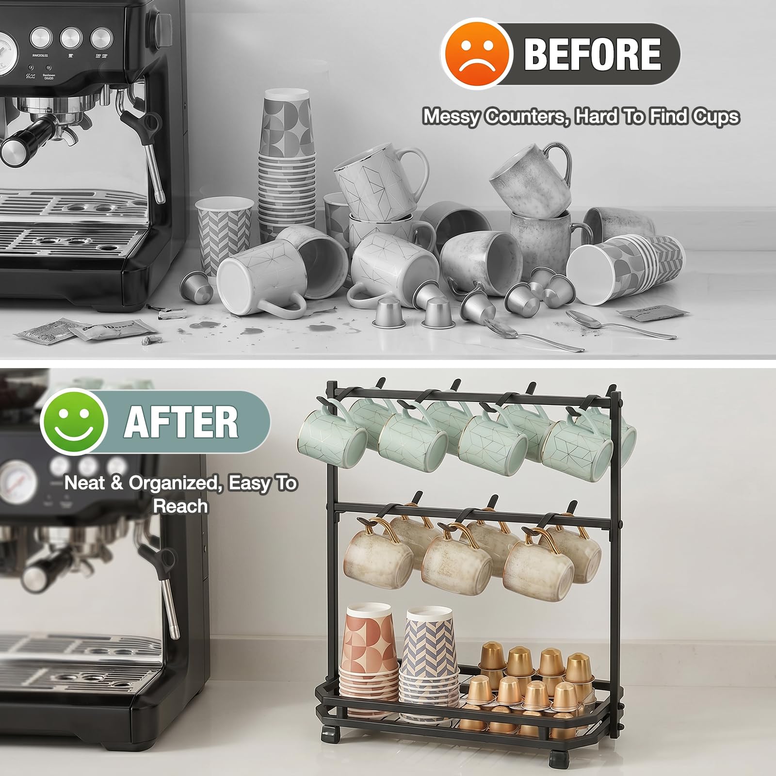 Coffee Mug Holder for Countertop, 14 Hooks Metal Coffee Cup Holder Rack