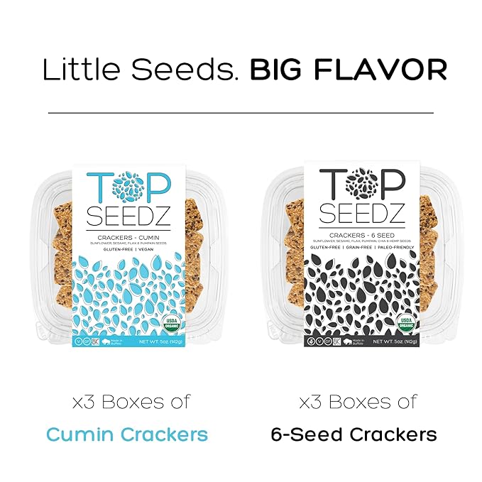 Top Seedz Certified Organic Gluten Free Cumin and 6 Seed Crackers | 6-Pack | 5 Ounces | Healthy Vegan Crackers with Plant Based Protein | Made of Sunflower, Flax, Sesame and Pumpkin Seed