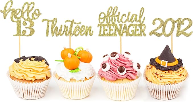 24Pcs Glitter 13th Birthday Cupcake Toppers, Hello 13th Birthday Cake Topper- 13th Birthday Decorations for Celebrating Official Teenager Thirteen Years Old Birthday Party Supplies (Gold)