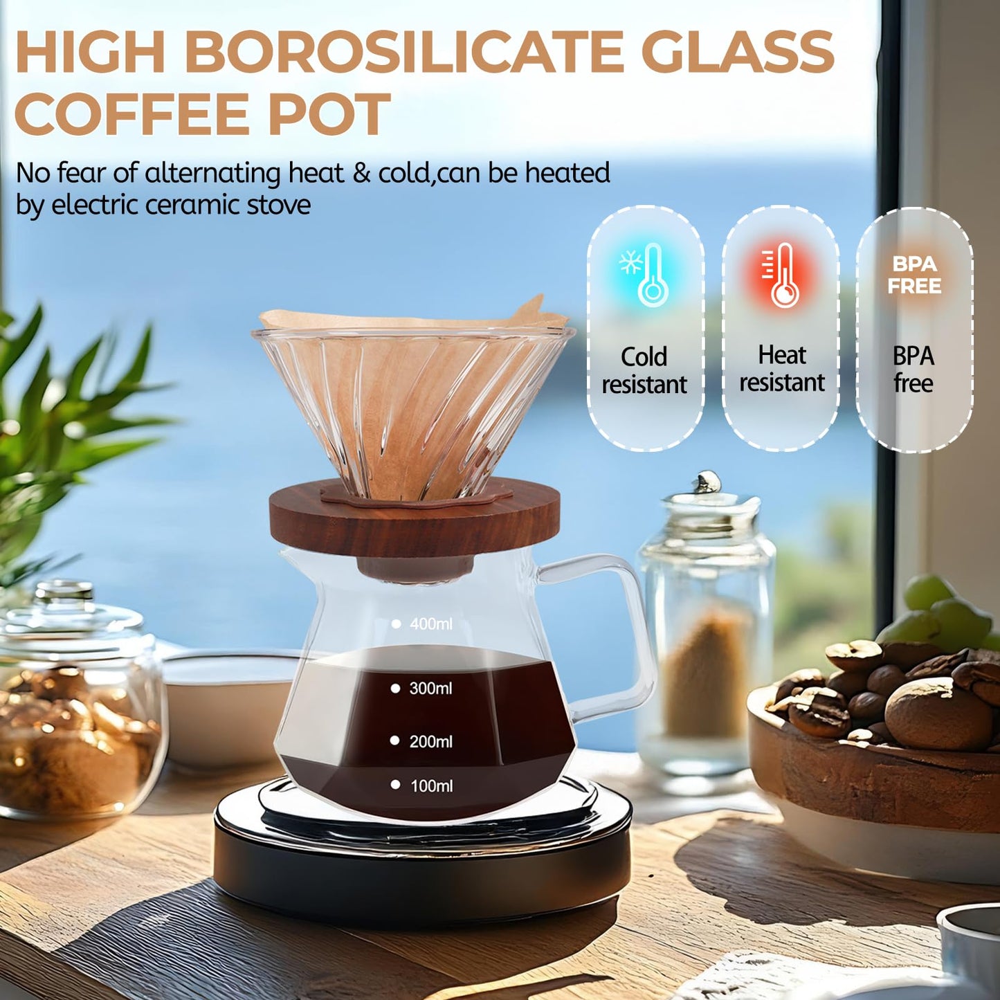 Mogrecha Pour Over Coffee Maker 400ml Borosilicate Glass Drip