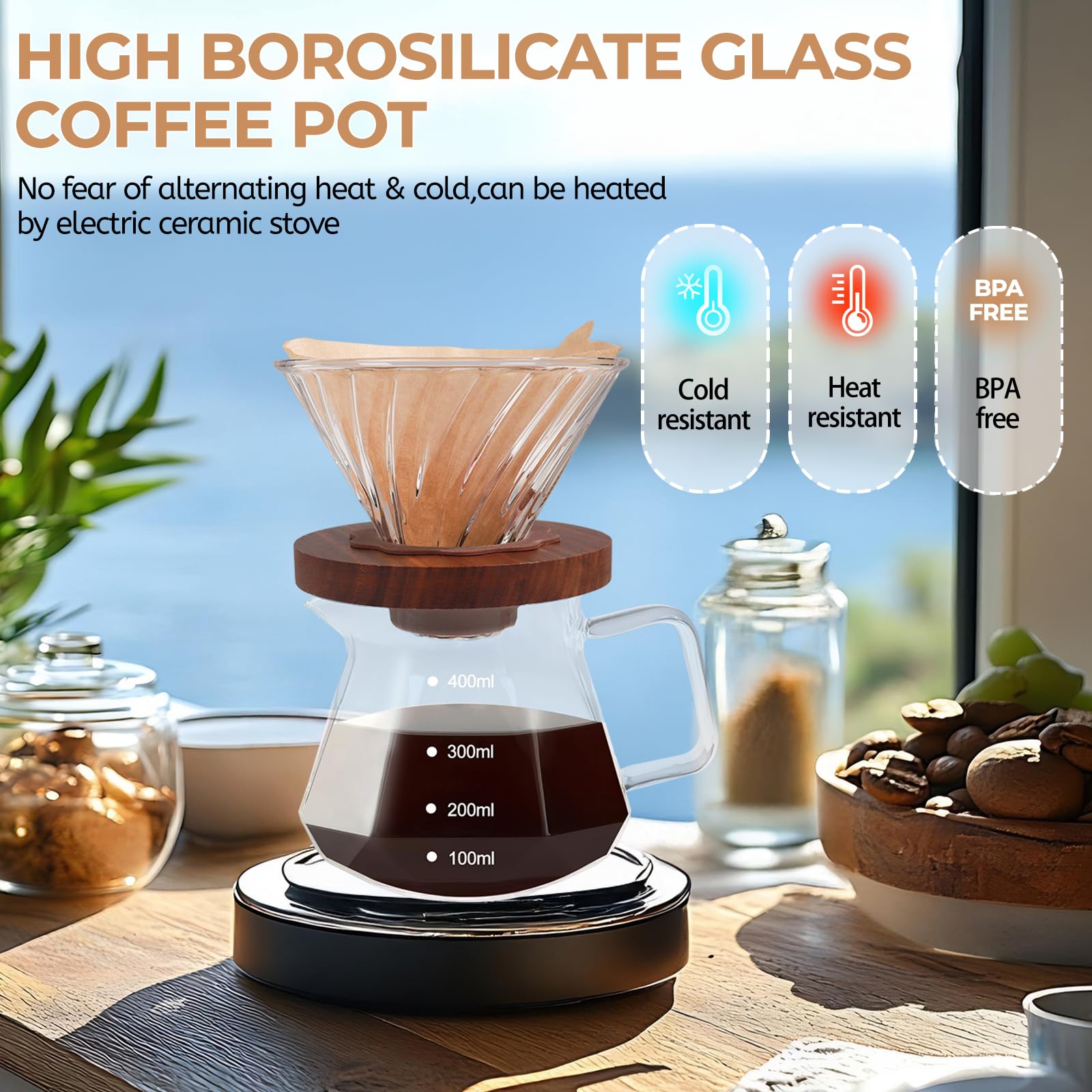 Mogrecha Pour Over Coffee Maker 400ml Borosilicate Glass Drip