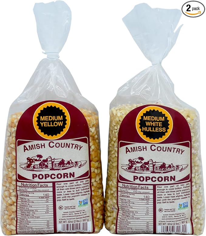 Amish Country Popcorn | 2-2 lb Bags | 2 lb Medium White and 2 lb Medium Yellow Popcorn Kernels Variety Bundle | Old Fashioned, Non-GMO and Gluten Free