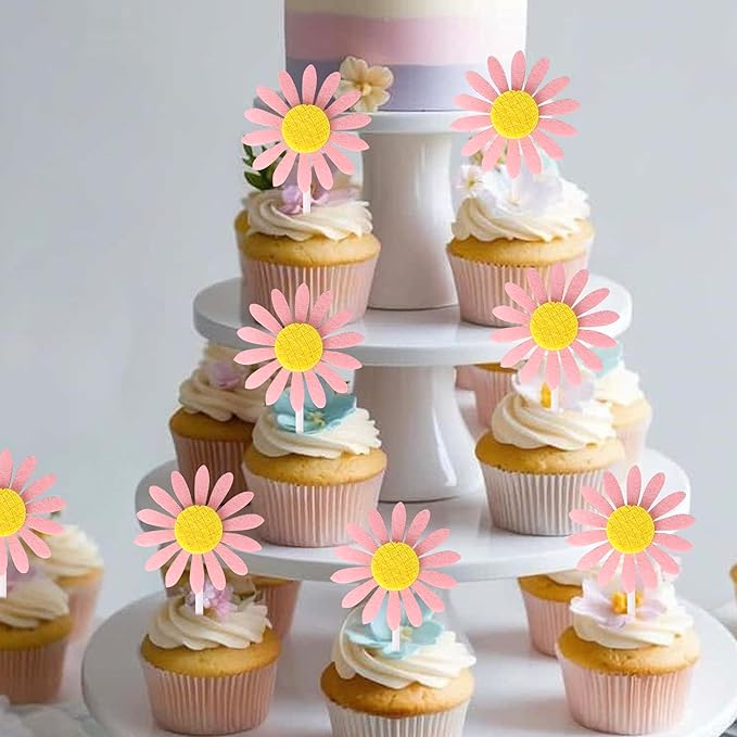 30 Pack Sunflower Cupcake Toppers Glitter Baby Shower Sunflower Cupcake Picks for Gender Reveal Theme Baby Shower 1st Birthday Party Cake Decorations Supplies Pink
