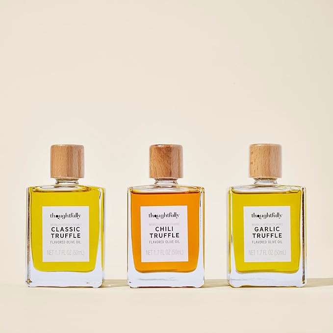 Thoughtfully, Truffle Oil Trio, Includes Classic, Garlic, and Chili Truffle Infused Olive Oil in 1.7 oz Glass Bottles, Set of 3