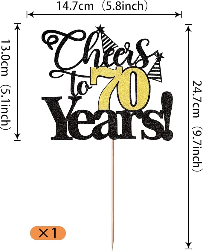Rsstarxi 1 Pack Cheers to 70 Years Cake Topper Glitter Seventy Years Old 70th Birthday Cake Pick 70 Fabulous Cake Decorations for Happy 70th Birthday Wedding Anniversary Party Supplies Black
