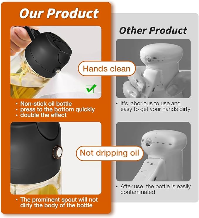 Oil Sprayer for Cooking 2 in 1, 470ml/16oz, Oil Spray & Dispenser Glass Bottle, Food-grade material for Kitchen, Salad Dressing, Frying, Air Fryer & BBQ (Black&CreamyWhite)