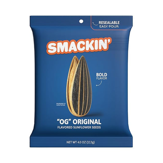 SMACKIN' - Jumbo Roasted Sunflower Seeds, No Salty Burn, American Made, Easy Pour & Seal - Original, 4oz bag (12 Bags)