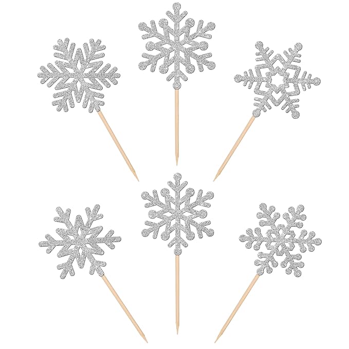 24 PCS Snowflake Cupcake Toppers Glitter Frozen Snowflake Cupcake Picks Winter Wonderland Cake Decorations for Winter Frozen Theme Baby Shower Kids Birthday Christmas Party Supplies Silver
