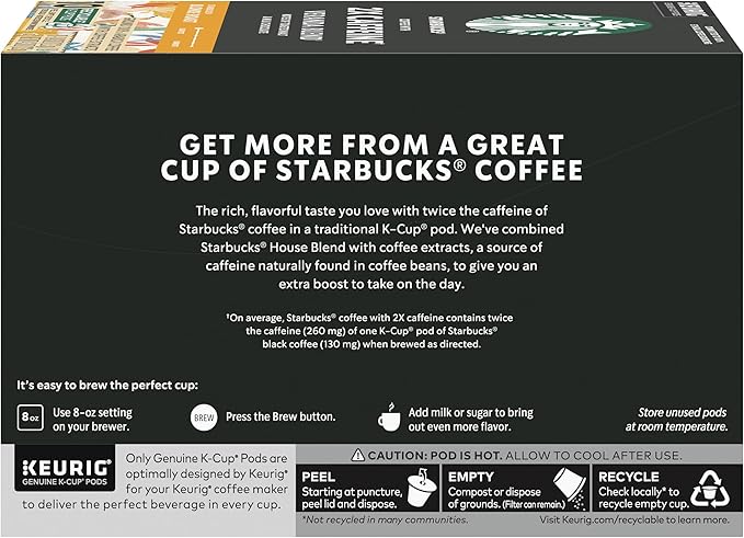 Starbucks K-Cup Coffee Pods, Starbucks Blonde Roast Coffee With 2X Caffeine Veranda Blend For Keurig Brewers, 100% Arabica, 6 Boxes (60 Pods Total)