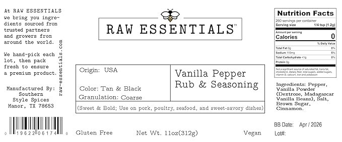 Raw Essentials Vanilla Pepper Rub & Seasoning??Sweet & Bold ??Use on Pork, Poultry, Seafood, and Sweet-Savory Dishes ??Gluten Free and Vegan ??11 Ounce Bottle