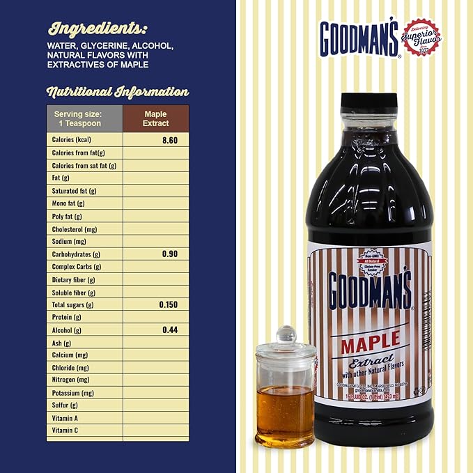 Goodman's Natural Maple Extract - Gluten-Free, Non-GMO, Kosher, Low Carb & Low Calorie, Low Alcohol, No Artificial Color, No Animal Products, No Sugar - Deep Maple Aroma for Baking & Cooking - 1 Pint