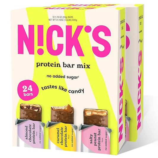 Nick?™s Variety Protein Bars ??24-Count Box |Salty Peanut, Caramel and Almond Chocolate, High Protein, Low Calories, Low Carbs, Keto Friendly, No Added Sugar