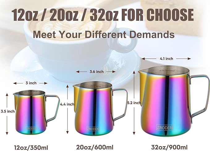Milk Frothing Pitcher, 32oz Espresso Steaming Pitchers Stainless Steel Cappuccino Coffee Machine Accessories Barista Tools Steam Froth Pitchers Milk Jug Cup with Decorating Pen Latte Art, Rainbow