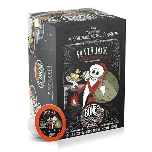 Bones Coffee Company Santa Jack, Cranberry Creme Brulee Flavored Coffee Pods, Low Acid Medium Roast Single-Serve Bones Cups for K-Cups Coffee Maker from The Nightmare Before Christmas, 12 Count