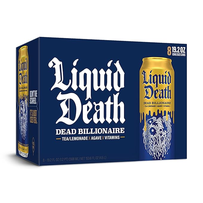 Liquid Death, Dead Billionaire Iced Tea, 8-Pack (19.2oz Cans), Half Lemonade Half Black Tea, Low Calorie, No Artificial Sweeteners, B12 & B6 Vitamins