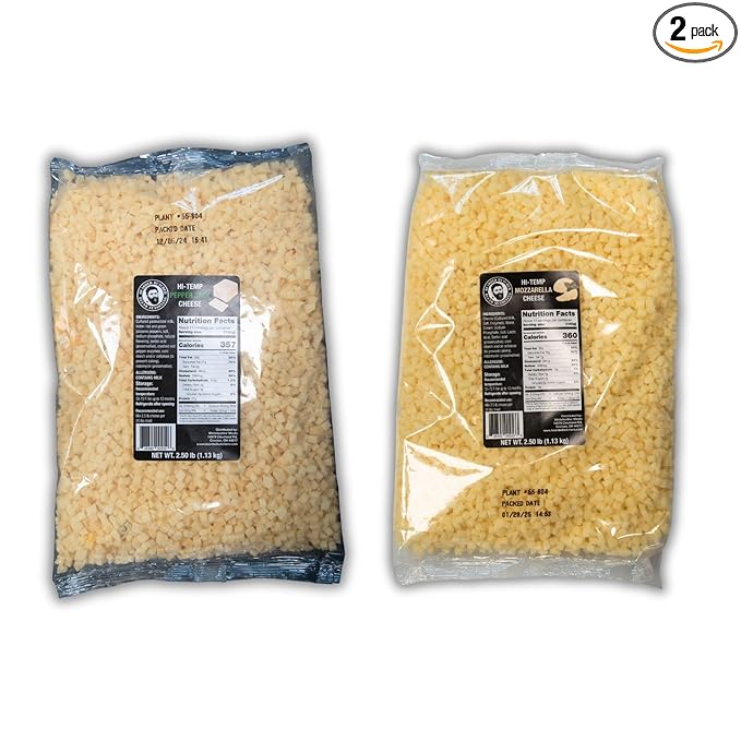 Bearded Butchers High-Temp Pepper Jack & Mozzarella Cheese, Pack of 2 (2.5 lb Bags Each) ??5 lbs Total, Shelf-Stable 1/4-Inch Cubes for Up to 25 lbs of Meat Per Bag, 400°F High-Temperature Cheese ??Perfect for Spicy Sausages, Brats, Burgers, and More