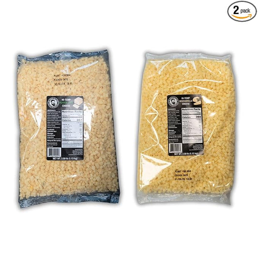 Bearded Butchers High-Temp Pepper Jack & Mozzarella Cheese, Pack of 2 (2.5 lb Bags Each) ??5 lbs Total, Shelf-Stable 1/4-Inch Cubes for Up to 25 lbs of Meat Per Bag, 400°F High-Temperature Cheese ??Perfect for Spicy Sausages, Brats, Burgers, and More