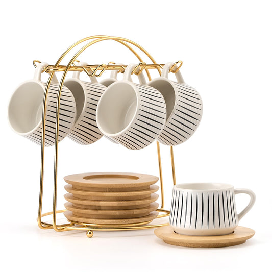 LUKA Ceramic Coffee Espresso Cups with Saucers Set with Metal Holder, 4.4 oz Porcelain Demitasse