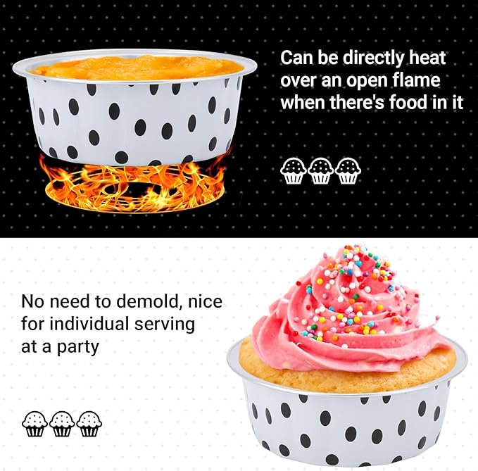 Beasea 8oz Aluminum Ramekins 100 Pack, 3.9" Disposable Baking Foil Cups Mini Ramekin Cup Cupcake Aluminum Baking Cups for Party - Black Dot in White