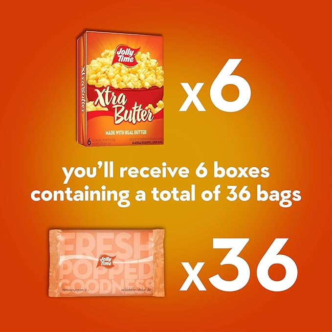 Jolly Time Xtra Butter, Ultimate Movie Theater Butter Microwave Popcorn, 3oz Sharing Bag, 6 Bags Per Carton (Xtra Butter, 3 Ounce (Pack of 36))