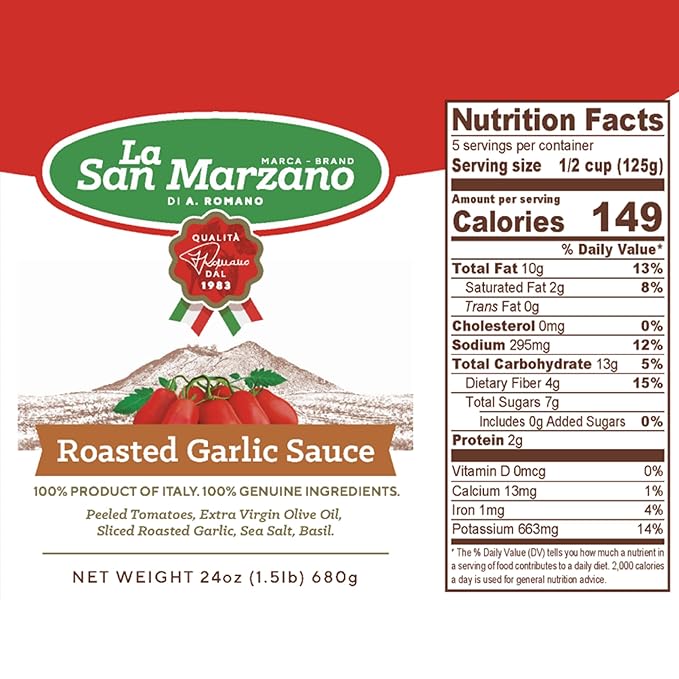 La San Marzano Roasted Garlic Sauce, 24 oz, Pasta Sauce Made in Italy, All Purpose Tomato Premium Quality, All Natural, Mediterranean Diet, Non GMO, Vegan, Gluten Free