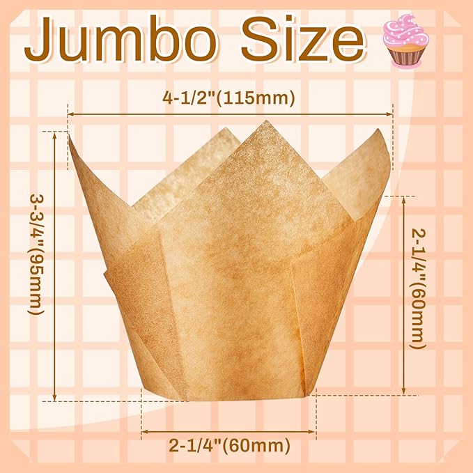 300 Pcs Jumbo Muffin Liners for Baking 2-1/4" x 4" Large Tulip Cupcake Liners Greaseproof Cupcake Wrapper Paper for Weddings Birthday Christmas Anniversaries Party (Light Brown)