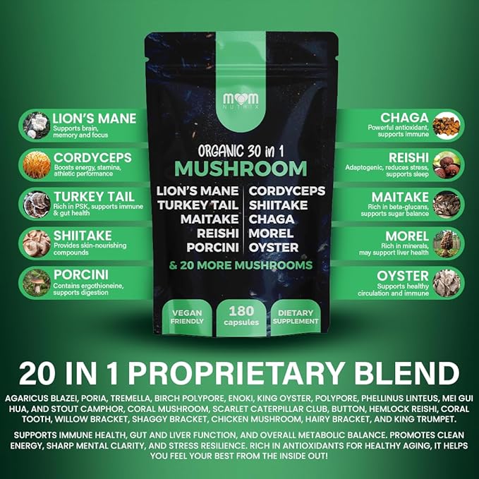 30 in 1 Ultimate Mushroom Supplement - 180 Mushroom Capsules, Organic - Lion?™s Mane, Cordyceps, Chaga, Reishi, Turkey Tail, Mitake, Shiitake & More - Brain & Immune Support