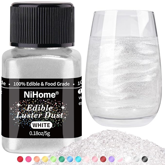 NiHome Edible Food-Grade Glimmer Powder Glitter Luster Dust Metallic Food Decorating Sprinkle Glimmery Dust for Drink Wine Beverage Cake Candy Dessert Bakery Restaurant Vegan (0.18oz/5g, White)
