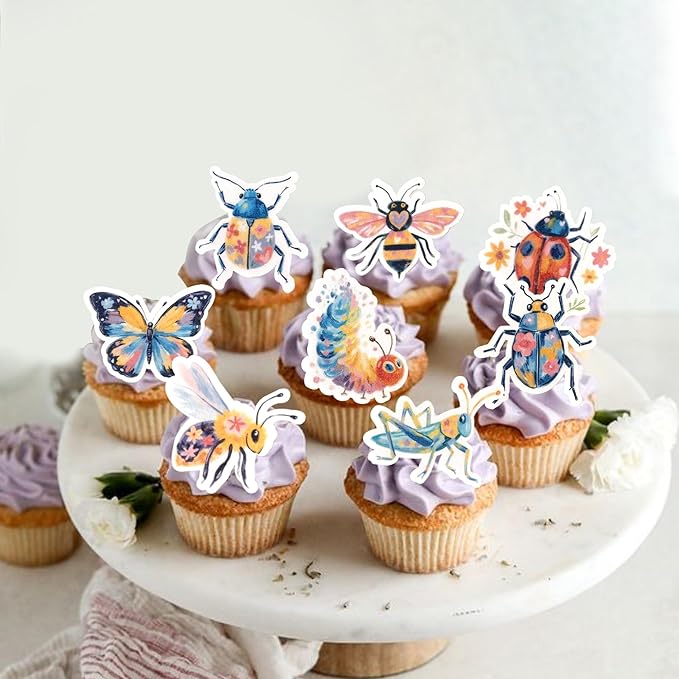 60 Pack Edible Green Caterpillar Cupcake Topper Wafer Paper Nature Insect Hungry Caterpillar Dragonfly Cupcake Picks Happy Birthday Anniversary Wedding Cake Decorations Party Color 1