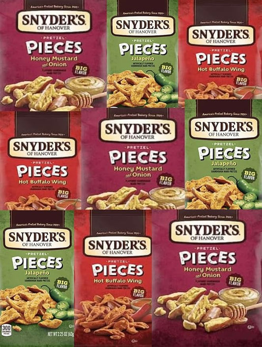 Snyder's Pretzels: 3 Variety 9 Pack: 3 Honey Mustard - 3 Buffalo Wings - 3 Jalape챰o Pretzels - 2.25 Ounce - 9 Bag Set