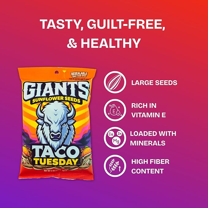 GIANTS Taco Tuesday Sunflower Seeds - Sunflower Seeds to Eat, High Protein Snack, Zesty Taco Seasoning, Source of Vitamin E & Fiber Content - 5 oz Resealable Bags (Bulk Pack of 12)
