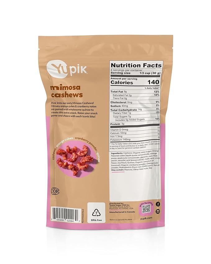 Yupik Orange Cranberry Mimosa Cashews, 4.8 Oz, Kosher, Made with Natural Ingredients, Brunch Flavor, Cocktail-Inspired Snack, Sweet Glazed Cashews with Puffed Quinoa, Party Snack