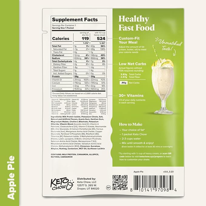 Keto Chow Limited Edition Flavors | Keto Meal Replacement Shake | Nutritionally Complete | Low Carb | Delicious Easy Meal Substitute | You Choose The Fat (Apple Pie, 21 Serving)