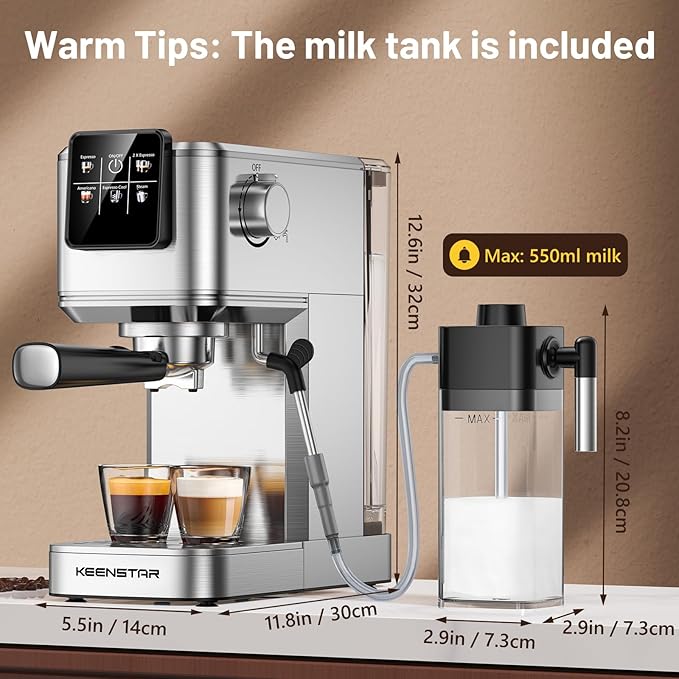 Espresso Coffee Machine with Milk Tank, 20Bar Hot & Iced Coffee Machine with Rapid Cold Brew, Touch Screen Espresso Maker with Steam Wand for Coffee Lover