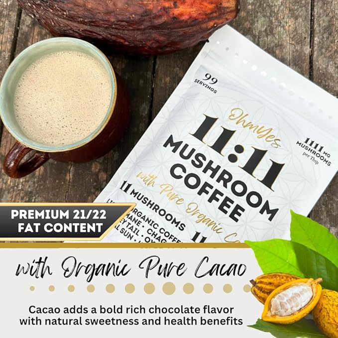 Organic Mushroom Coffee with Cacao ??11x Adaptogenic Mushrooms for Focus, Clarity & Energy ??Lion?™s Mane, Reishi, Chaga + Nootropic Superfood by OhmYes (7oz) - 99 Servings