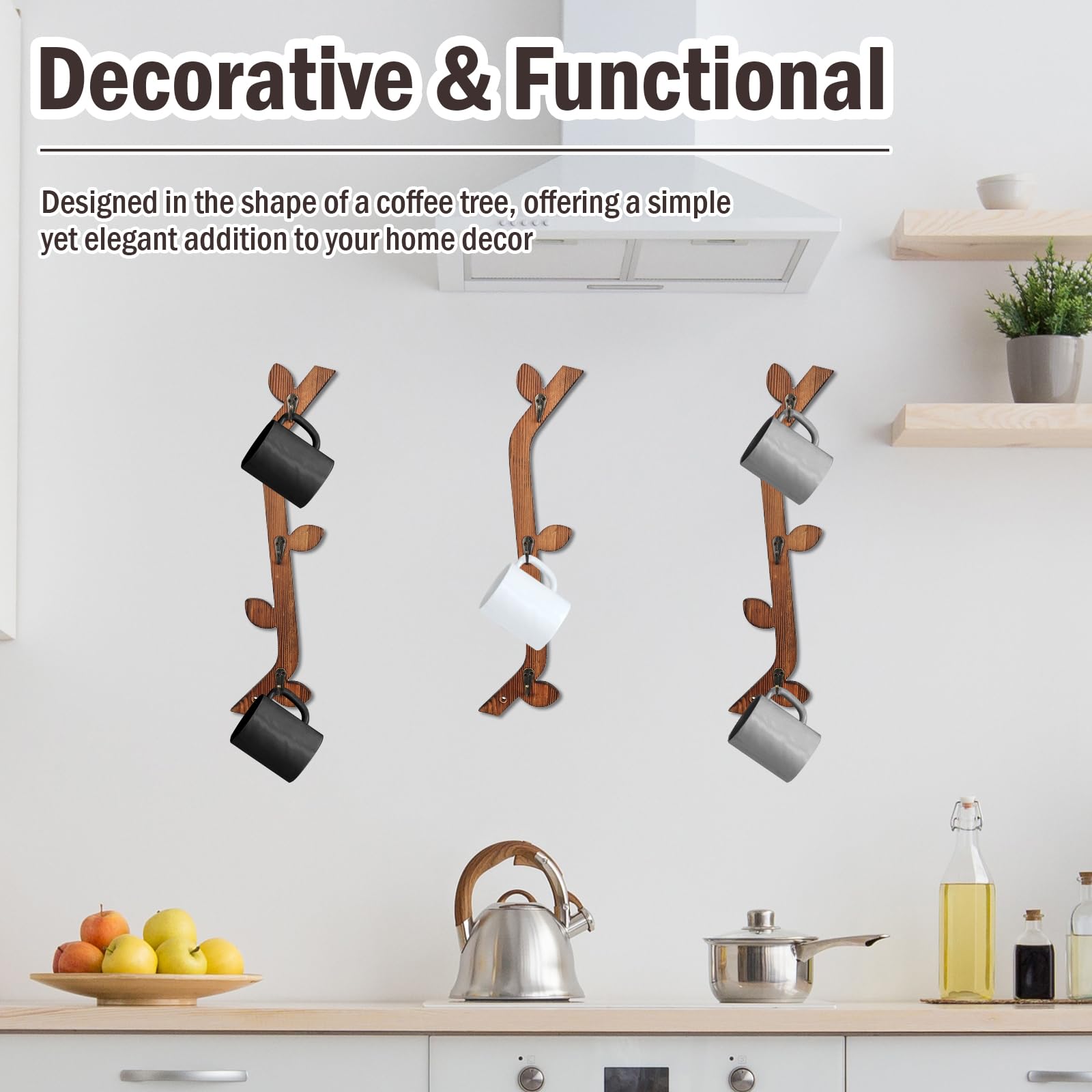 MSHUNKEJI 3 Pack Wood Coffee Mug Wall Rack with 9 Hooks Wall Mount Coffee Cup Holder Wooden
