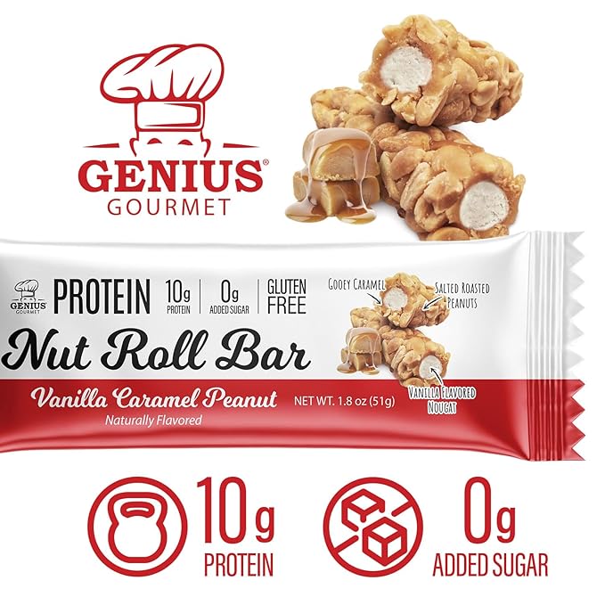 Genius Gourmet Nut Roll Bars Vanilla Caramel Peanut ??10g Protien, Zero Added Sugar, Gluten Free, Non-GMO ??Sweet Snack & Dessert for Adults and Kids ??10 Ct Box