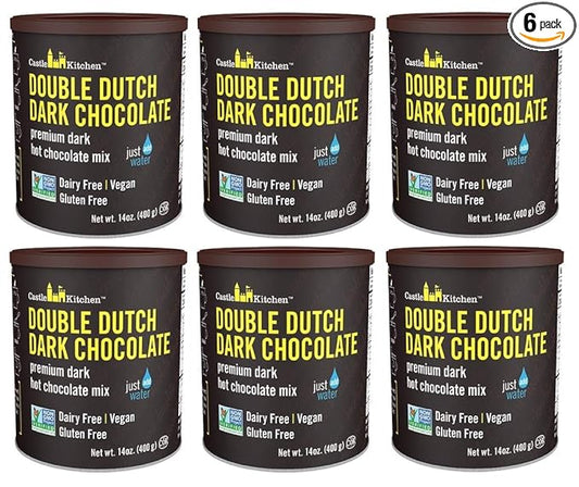 Castle Kitchen Double Decadent Dark Hot Chocolate (6 Pack) Premium Plant Based, Dairy Free, Gluten-Free, Vegan Hot Coca Mix - Just Add Water - 14 oz Can (84 total Ounces)