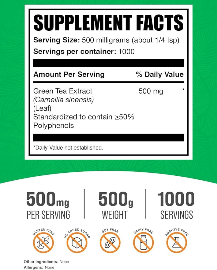 BulkSupplements.com Green Tea Extract Powder - 50% Polyphenol, Green Tea Supplement, Herbal Supplement - Gluten Free, 500mg per Serving, 500g (1.1 lbs) (Pack of 1)