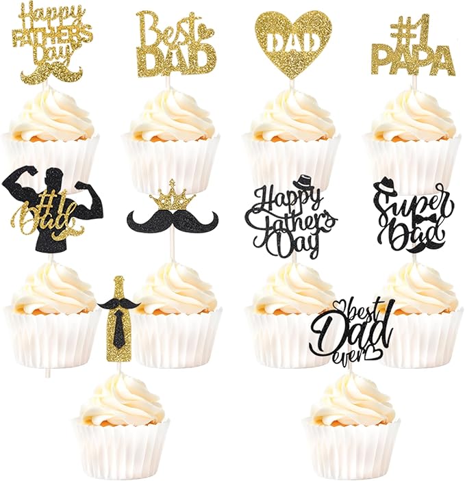 Wootkey Happy Father?쁲 Day Cake Topper Glittery 'Best Dad Ever' 25Pcs Black Gold Cupcake Toppers, Ideal for Father's Day & Men's Birthday Theme Cake Decorations Party Supplies