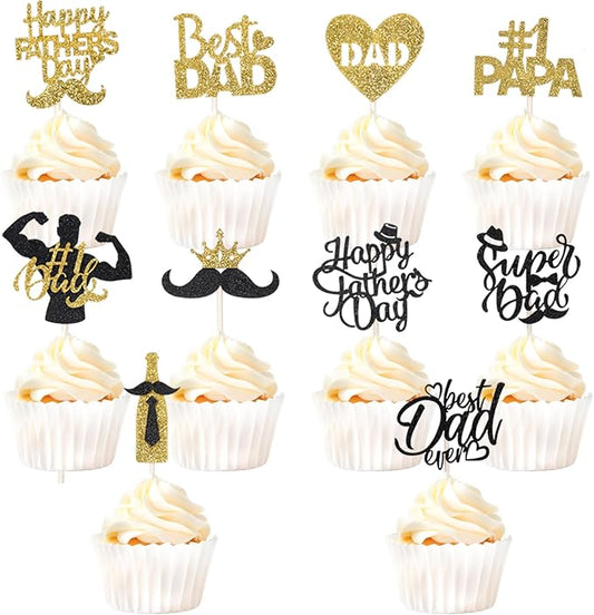 Wootkey Happy Father?쁲 Day Cake Topper Glittery 'Best Dad Ever' 25Pcs Black Gold Cupcake Toppers, Ideal for Father's Day & Men's Birthday Theme Cake Decorations Party Supplies