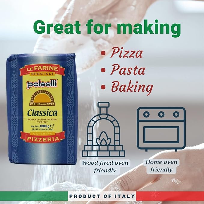 POLSELLI 2 PACK, Classica, Type 00 Flour, Tipo OO, All Natural, No Additives, Unbromated for Pizza, Bread, Pasta, and Baking, 2 pack x 1 kg (2.2 lbs)