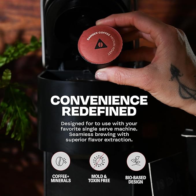 Danger Coffee by Dave Asprey, Remineralized, Mold Free & Lab Tested Compostable Pods | Medium Roast 12 Pods